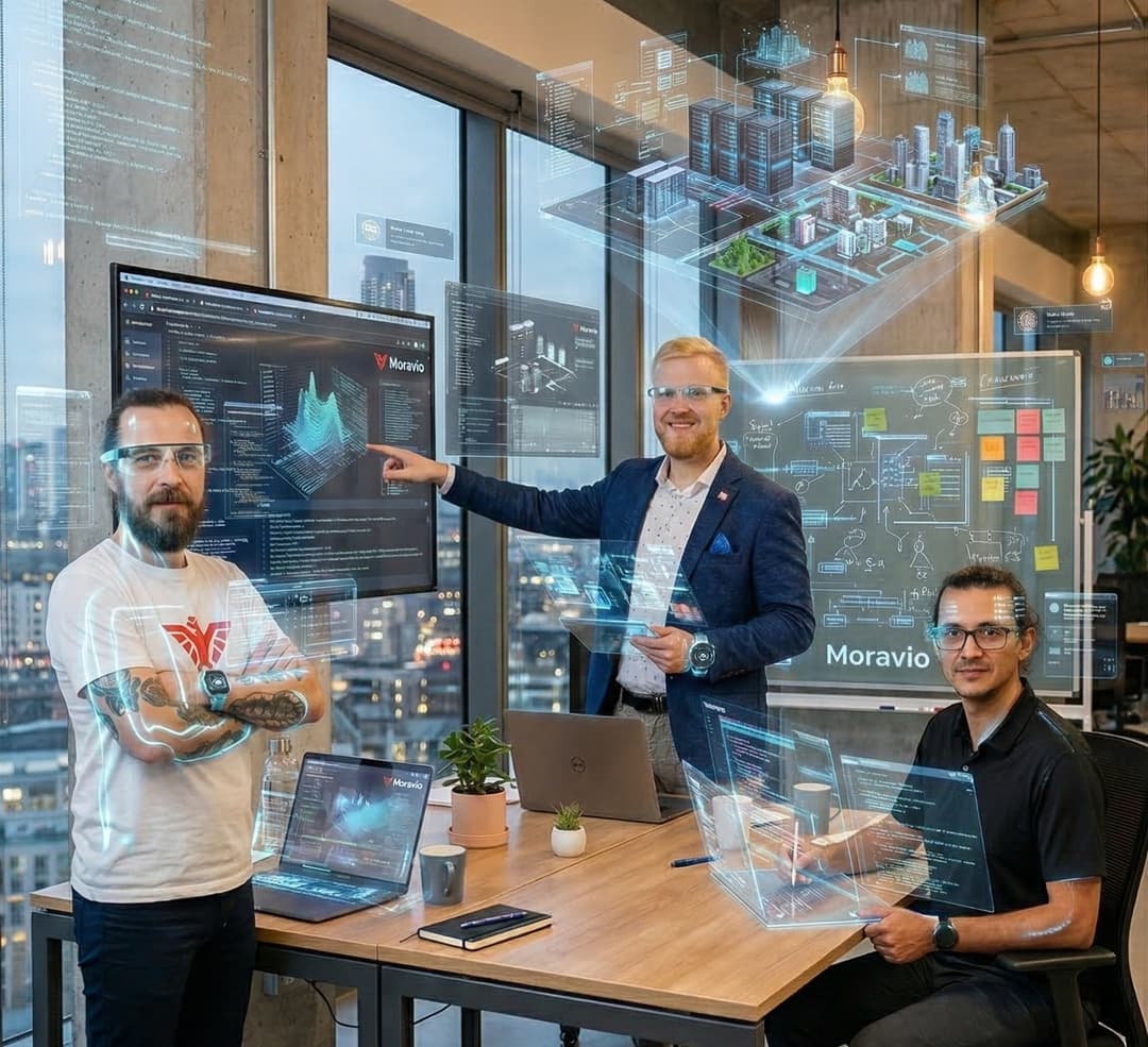 Moravio FDE-Team bei der Zusammenarbeit im Büro