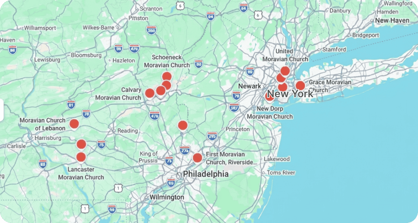 Map showing Moravian presence in the USA