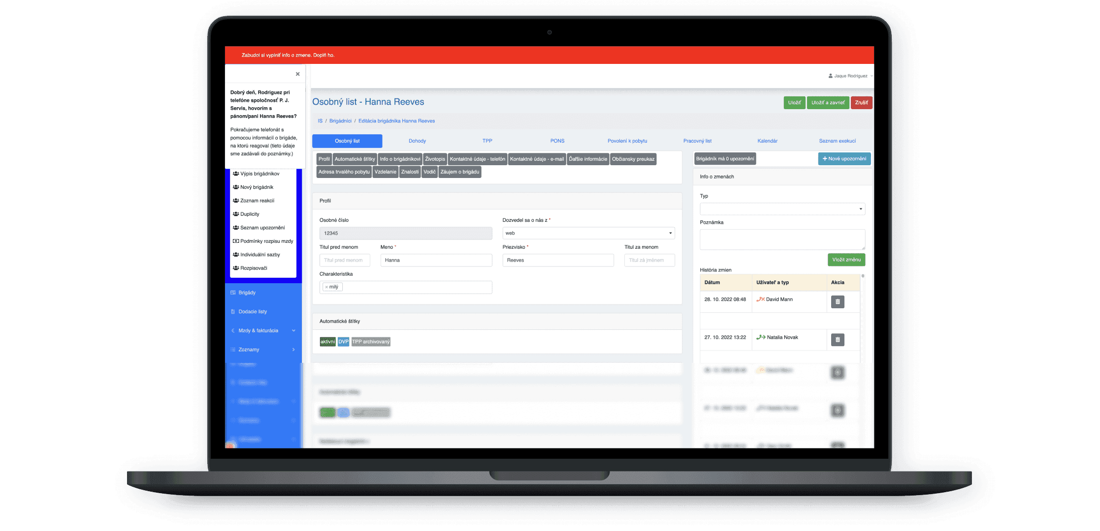 Informační systém pro správu brigád - P. J. Servis